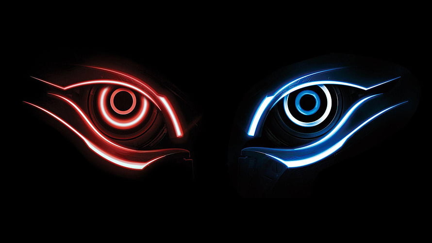 Gigabyte Aorus RGB Gaming Mouse with Red and Blue Neon Eye Design HD wallpaper
