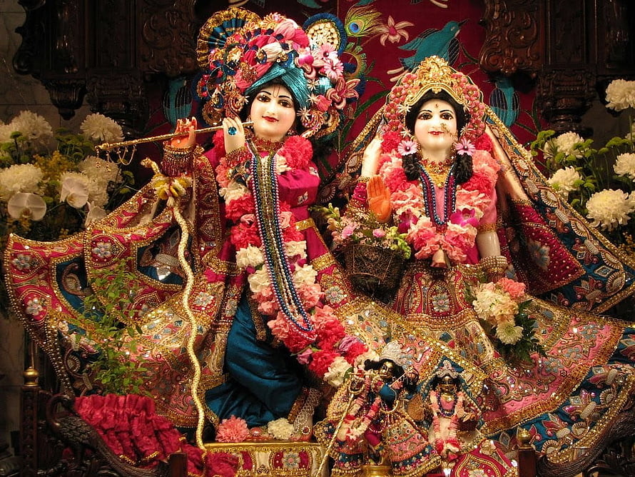 Radha Krishna ISKCON Temple Deities in Ornate Floral Garlands and Traditional Attire HD wallpaper