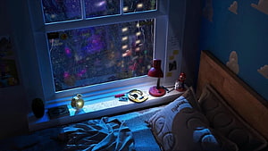 Cozy Bedroom Window View at Night with Rain and City Lights HD wallpaper