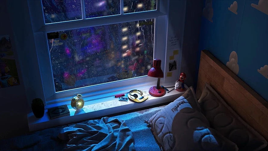 Cozy Bedroom Window View at Night with Rain and City Lights HD wallpaper