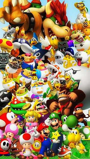 Super Mario Party Group Portrait Featuring Bowser, Mario, Luigi, Peach, Yoshi, and Koopa Troopas HD phone wallpaper