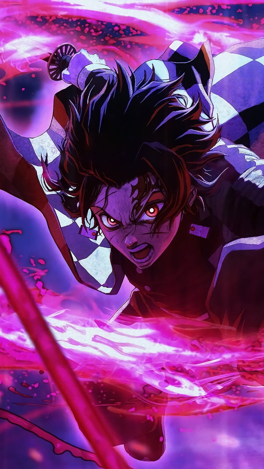 Demon Slayer Tanjiro Kamado in Intense Combat with Glowing Sword and Purple Energy HD phone wallpaper