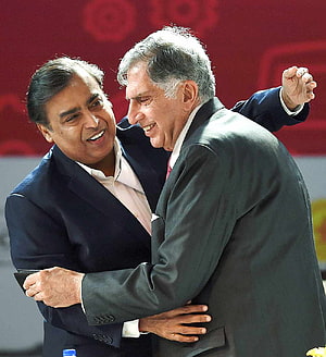 Ratan Tata and Mukesh Ambani Share a Warm Embrace at a Public Event HD phone wallpaper