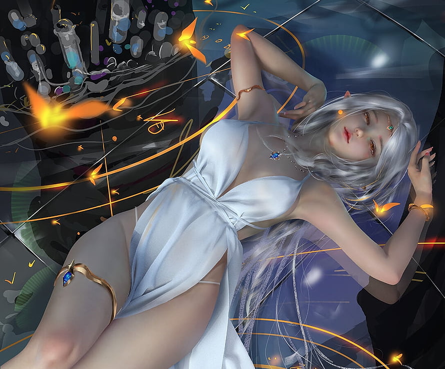 Ethereal Silver-Haired Elf Woman in White Gown with Glowing Golden Orbs and Fantasy Art HD wallpaper