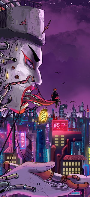 Naruto Pain Character in Cyberpunk City with Giant Mechanical Face and Neon Signs HD phone wallpaper
