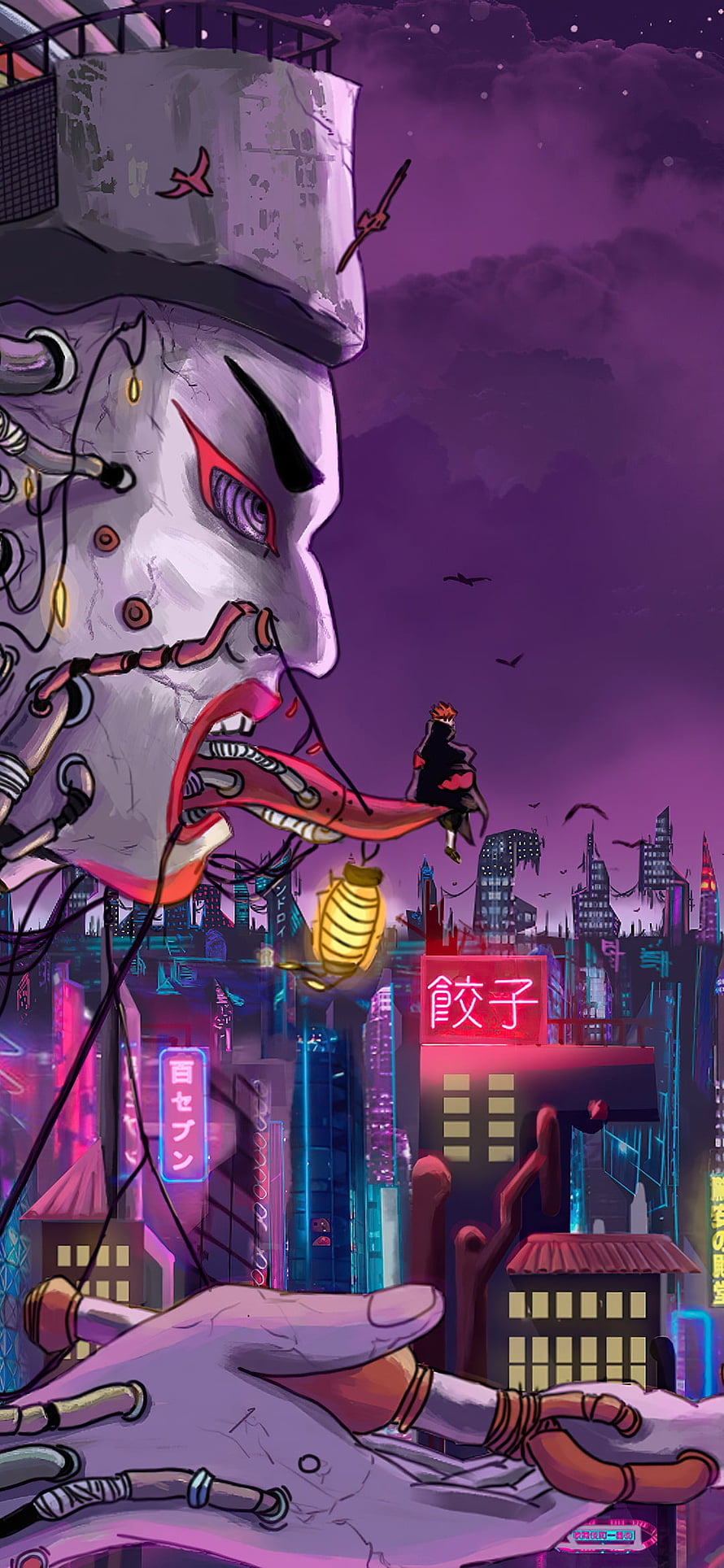 Naruto Pain Character in Cyberpunk City with Giant Mechanical Face and Neon Signs HD phone wallpaper