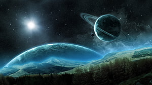 Alien Landscape With Ringed Planet And Distant Star In Deep Space HD wallpaper