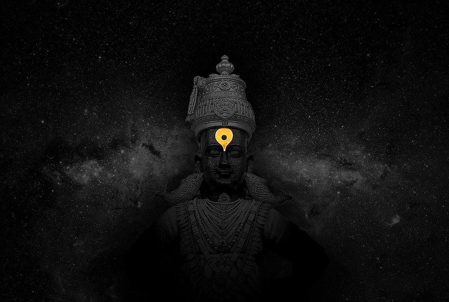 Vitthal Deity Statue with Golden Third Eye Against Dark Cosmic Nebula Background HD wallpaper