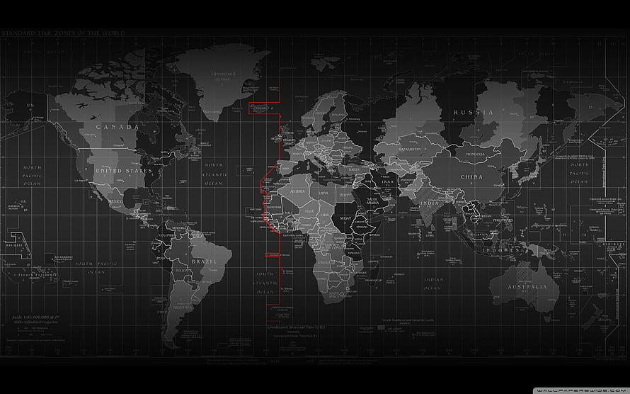 Dark World Time Zone Map with Red Prime Meridian Line HD wallpaper