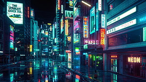 Neon-Lit Cyberpunk City Street at Night with Rain-Soaked Reflections and Glowing Signs HD wallpaper