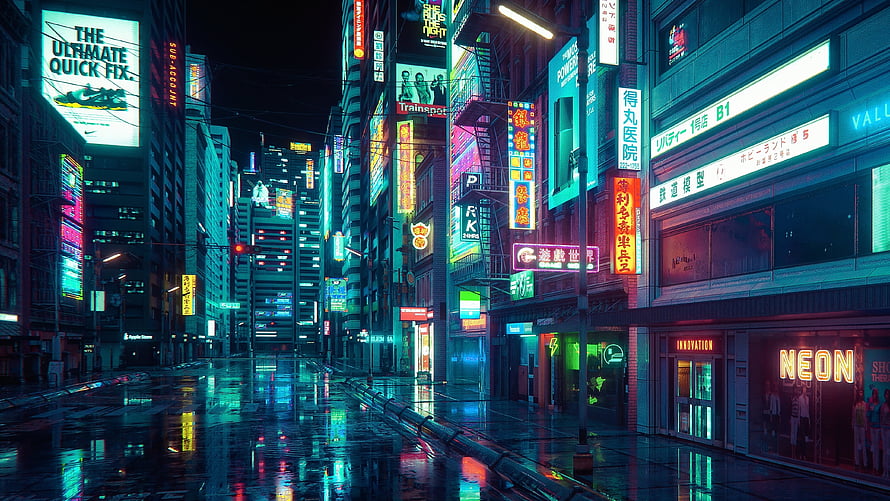 Neon-Lit Cyberpunk City Street at Night with Rain-Soaked Reflections and Glowing Signs HD wallpaper