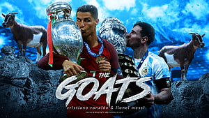 Cristiano Ronaldo and Lionel Messi GOATs Football Trophy Celebration Wallpaper HD wallpaper