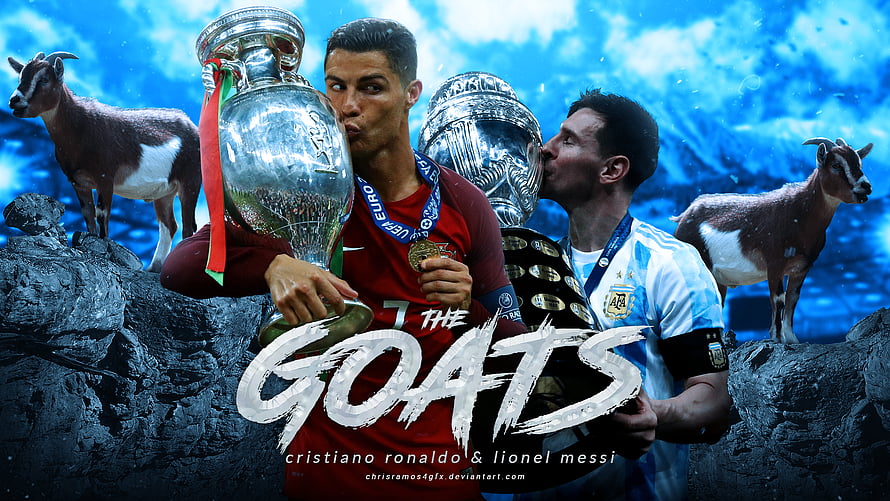 Cristiano Ronaldo and Lionel Messi GOATs Football Trophy Celebration Wallpaper HD wallpaper