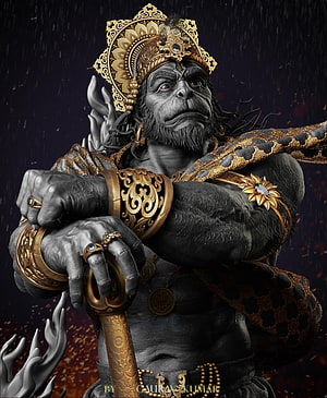 Angry Hanuman 3D Sculpture with Golden Crown and Sword, Bajrang Bali 3D, Angry Hanuman HD phone wallpaper