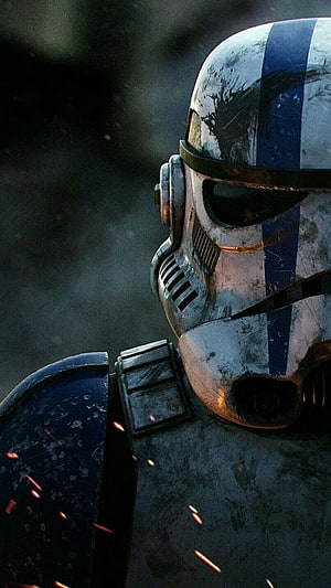 Battle-worn Clone Trooper Helmet in Dark Cinematic Lighting with Sparks HD phone wallpaper