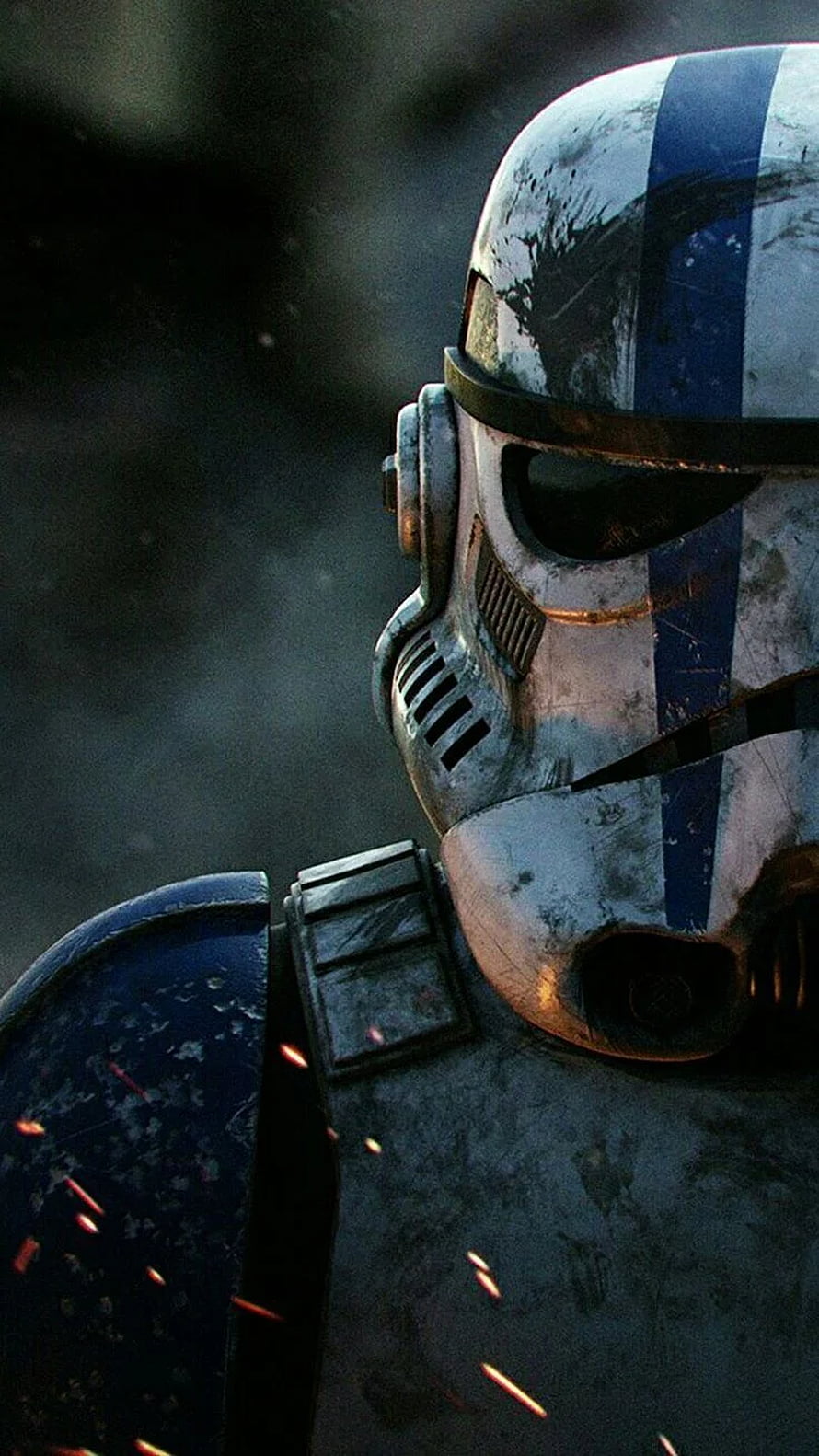 Battle-worn Clone Trooper Helmet in Dark Cinematic Lighting with Sparks HD phone wallpaper