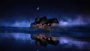 Cozy Lakeside Cottage Under a Starry Night Sky with Crescent Moon and Water Reflection HD wallpaper