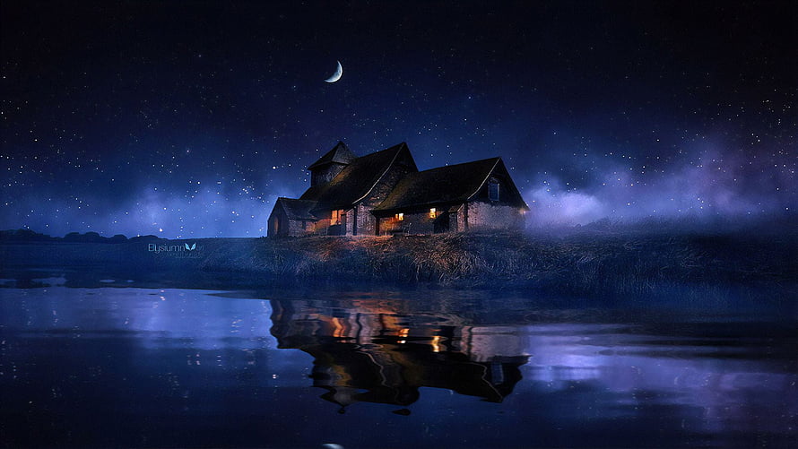 Cozy Lakeside Cottage Under a Starry Night Sky with Crescent Moon and Water Reflection HD wallpaper