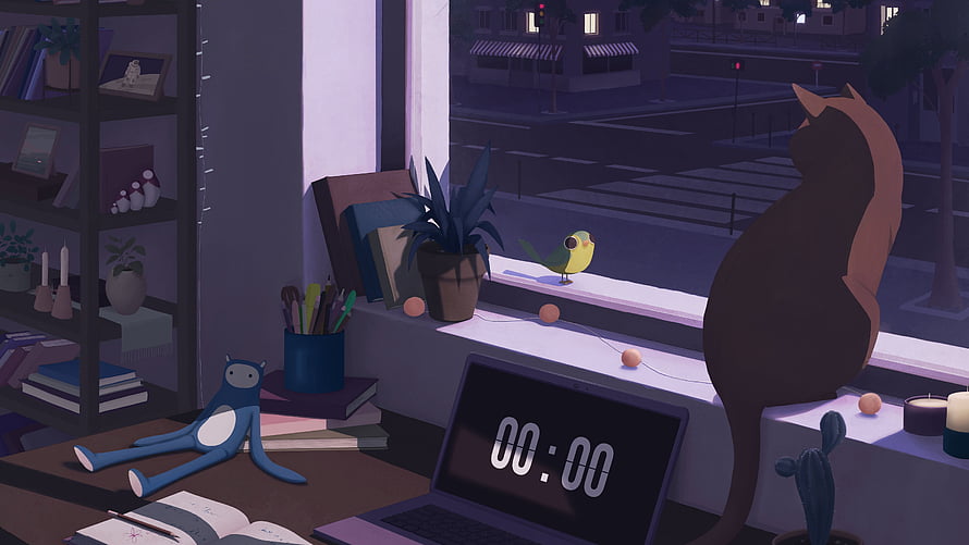 Lofi Girl Window Seat Illustration with Cat and Bird at Night HD wallpaper