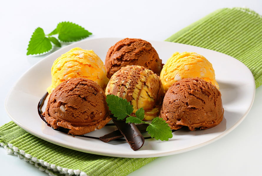 Assorted Ice Cream Scoops with Chocolate and Mint Garnish on White Plate HD wallpaper