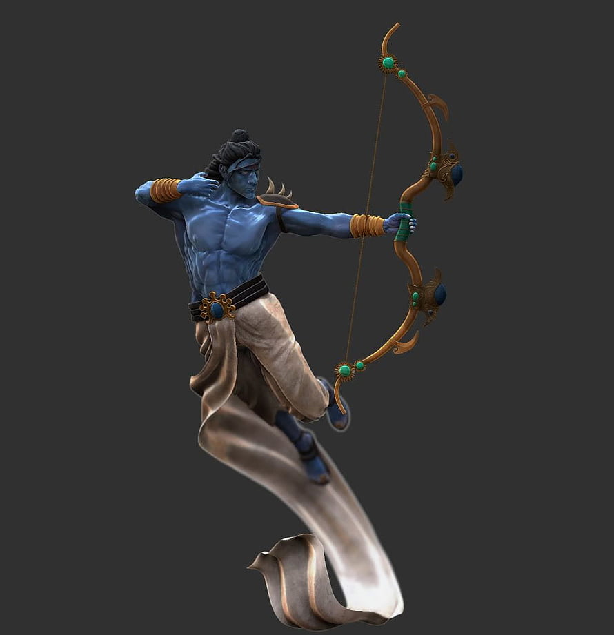 3D Render of Lord Rama in Archery Pose with Golden Bow and Blue Skin HD phone wallpaper