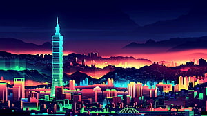 Neon Vaporwave Taipei 101 Cityscape at Night with Vibrant Sunset Skyline HD wallpaper