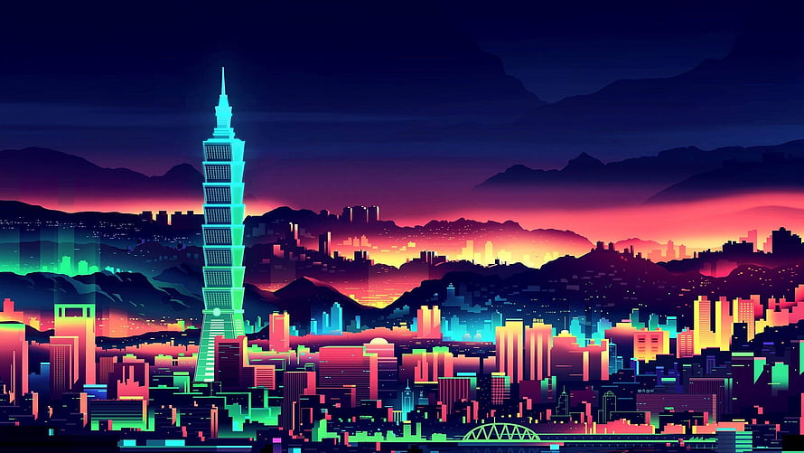Neon Vaporwave Taipei 101 Cityscape at Night with Vibrant Sunset Skyline HD wallpaper