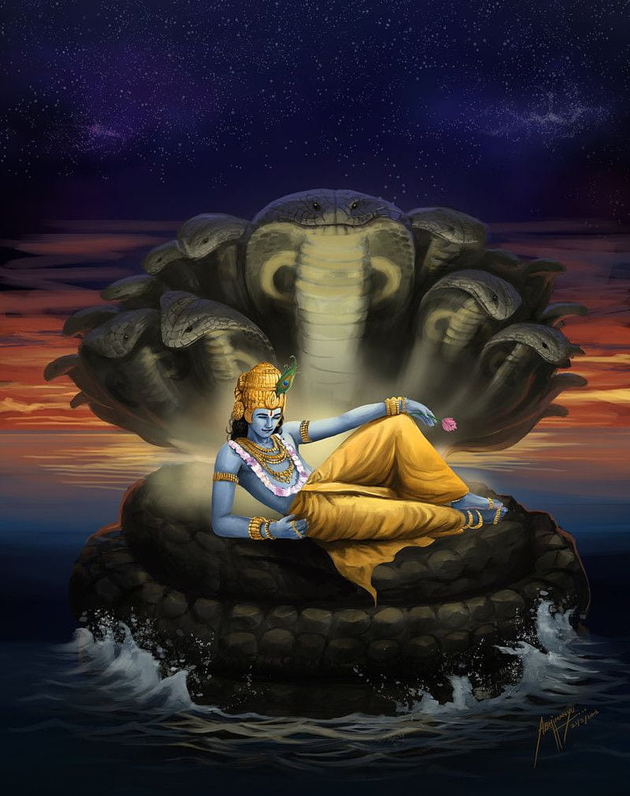 Lord Vishnu Reclining on the Cosmic Serpent Shesha in a Digital Painting HD phone wallpaper