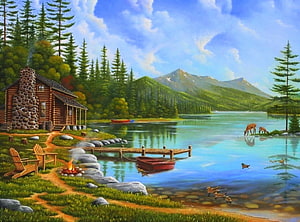 Painted Lakeside Cabin With Stone Chimney, Wooden Dock, and Mountain View HD wallpaper