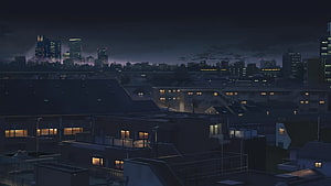 Moody Anime Cityscape at Night with Glowing Windows and Distant Skyscrapers HD wallpaper