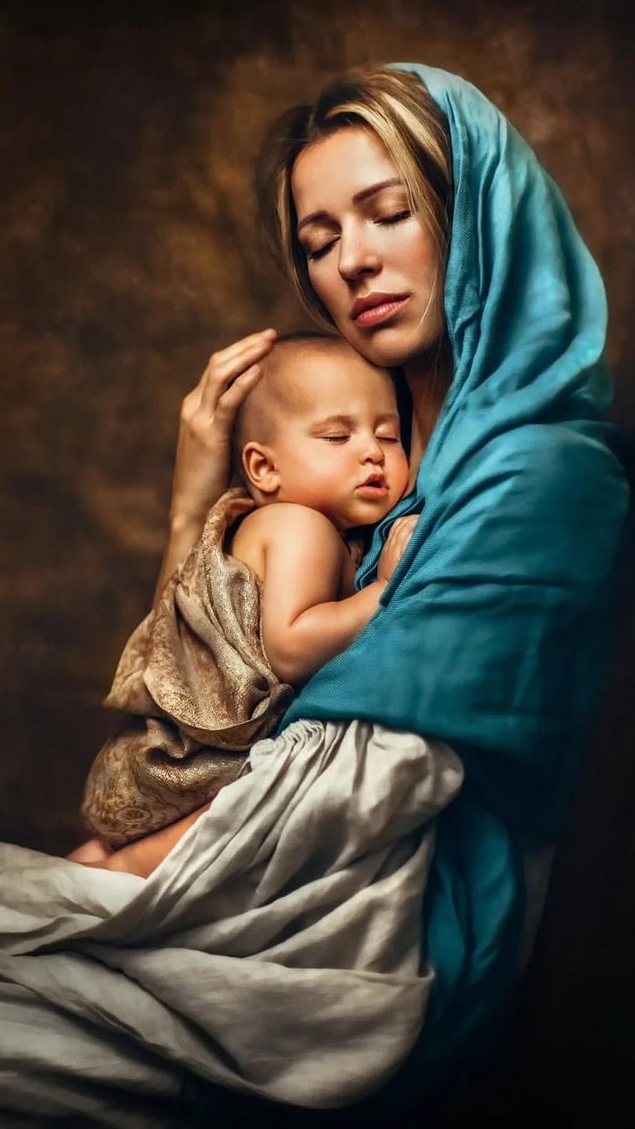 Mother and Sleeping Infant in Turquoise Veil, Classical Portrait Style HD phone wallpaper