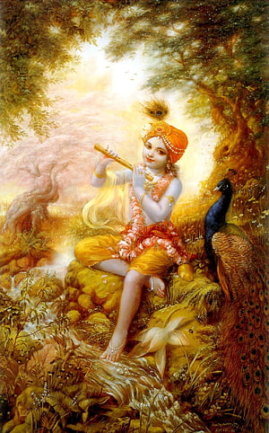 Krishna Playing Flute in a Golden Forest with Peacock and Lotus HD phone wallpaper