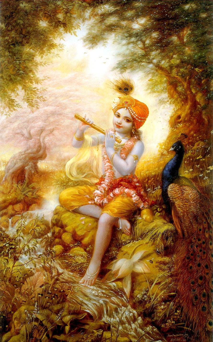 Krishna Playing Flute in a Golden Forest with Peacock and Lotus HD phone wallpaper