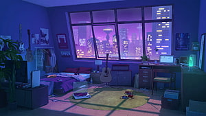 Purple Bedroom with City View and Musical Instruments HD wallpaper