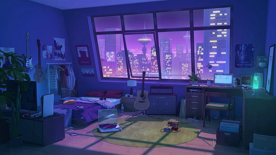 Purple Bedroom with City View and Musical Instruments HD wallpaper