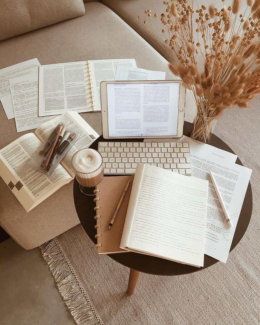 Cozy Study Desk Setup With Tablet, Books, Coffee, and Dried Flowers HD phone wallpaper