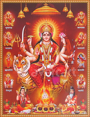 Nav Durga Murti with Nine Forms of Goddess Durga, Tiger, and Ritual Elements in Traditional Indian Art HD phone wallpaper