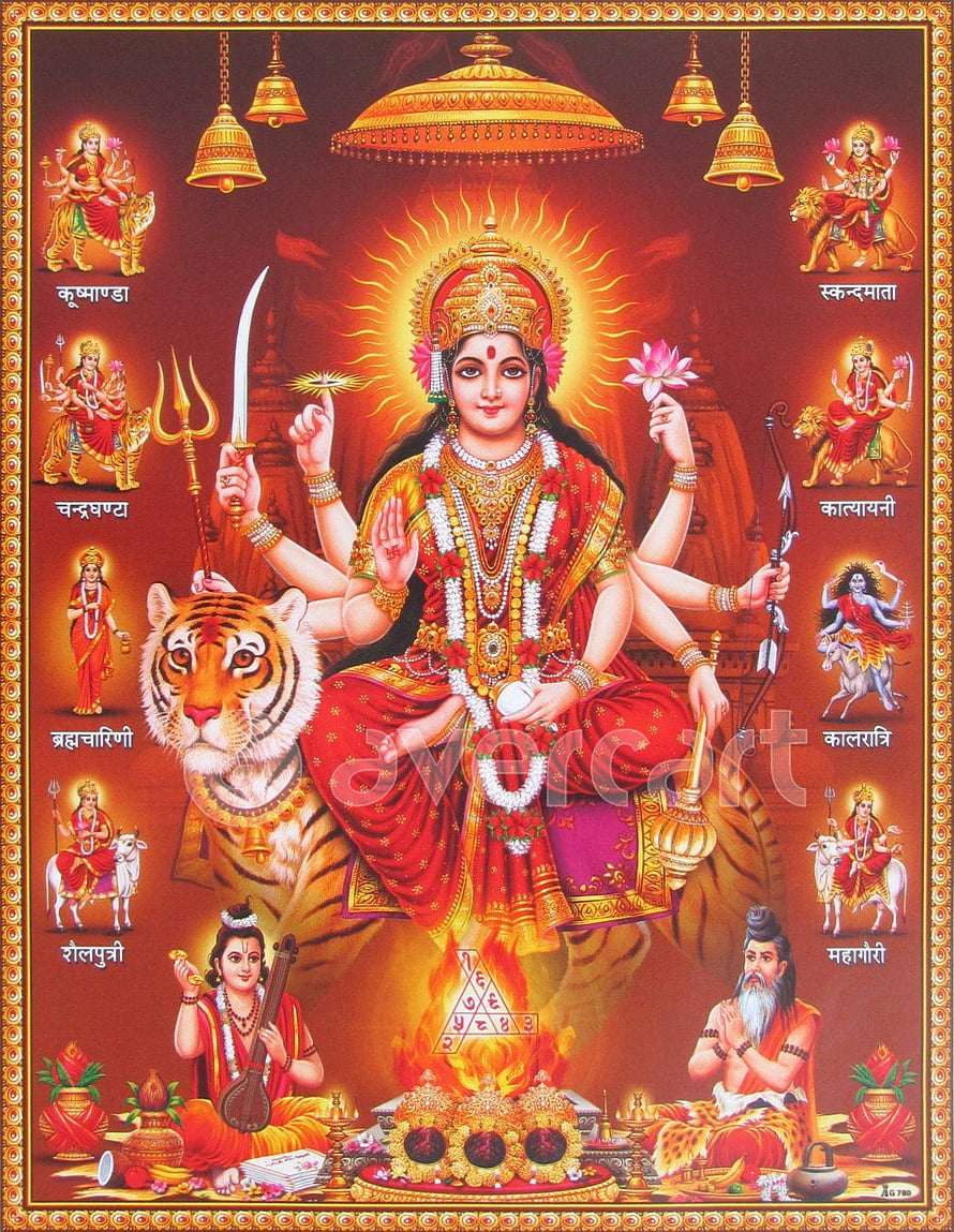 Nav Durga Murti with Nine Forms of Goddess Durga, Tiger, and Ritual Elements in Traditional Indian Art HD phone wallpaper