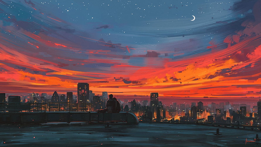 Cinematic Digital Painting of a Couple Silhouetted Against a Fiery City Sunset HD wallpaper