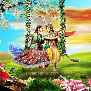 Radha and Krishna on a Floral Swing in a Vibrant Spring Meadow HD phone wallpaper