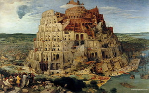 Babel Tower Renaissance Painting with Ancient City and Harbor Scene HD wallpaper