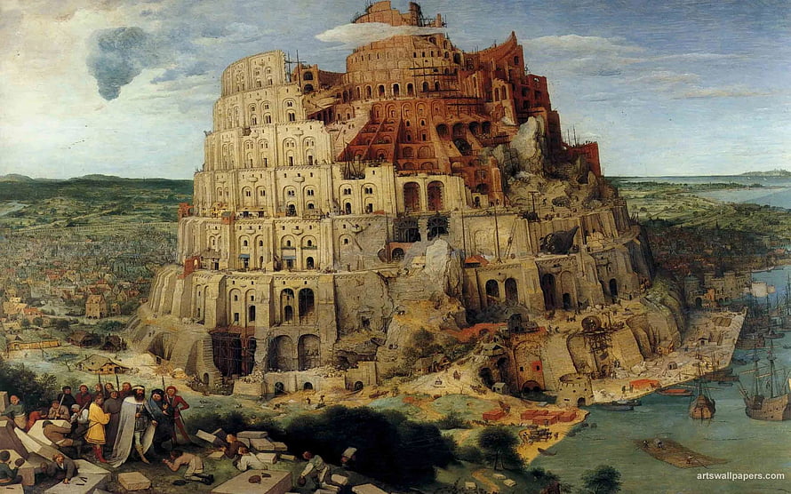 Babel Tower Renaissance Painting with Ancient City and Harbor Scene HD wallpaper