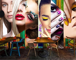 Vibrant Beauty Salon Interior With Colorful Makeup Wall Mural And Modern Seating HD wallpaper