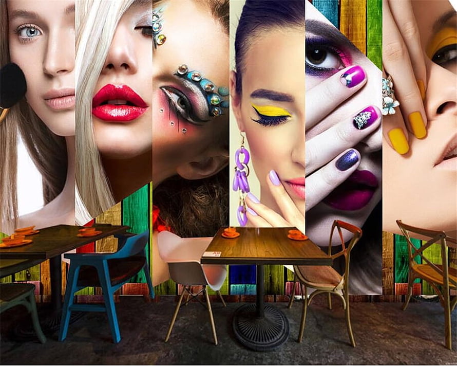 Vibrant Beauty Salon Interior With Colorful Makeup Wall Mural And Modern Seating HD wallpaper