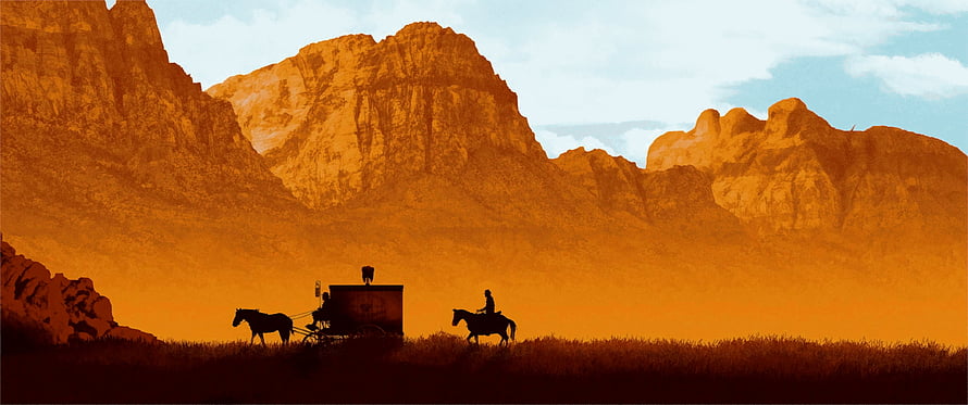 Django Unchained Western Wagon and Horse Silhouette Against Golden Mountain Range HD wallpaper
