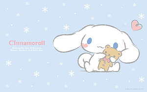 Cinnamoroll Holding Teddy Bear on Light Blue Winter Background with Snowflakes HD wallpaper