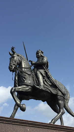 Maharana Pratap Equestrian Statue on Horseback Against Blue Sky HD phone wallpaper