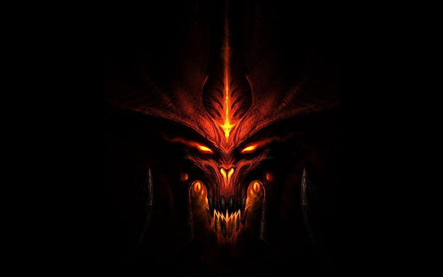 Fiery Demon King Face with Glowing Eyes and Horns in Dark Fantasy Style HD wallpaper