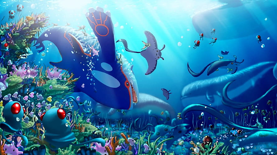 Mewtwo and Wailord Swimming in a Vibrant Underwater Ecosystem with Colorful Coral and Small Sea Creatures HD wallpaper