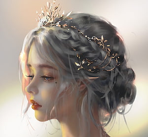 Ethereal Elf Princess Portrait with Golden Crown and Silver Hair HD wallpaper
